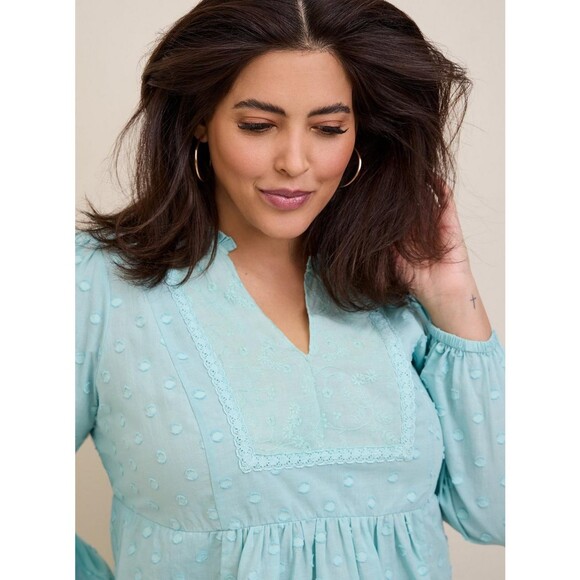 NWT Torrid 3X Canal Blue Clip Dot Mixed Cotton Eyelet Yoke Detail Shirt - Picture 4 of 8